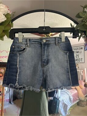 Hayden Girls Two-Tone Distressed Denim Shorts - Light & Dark Blue